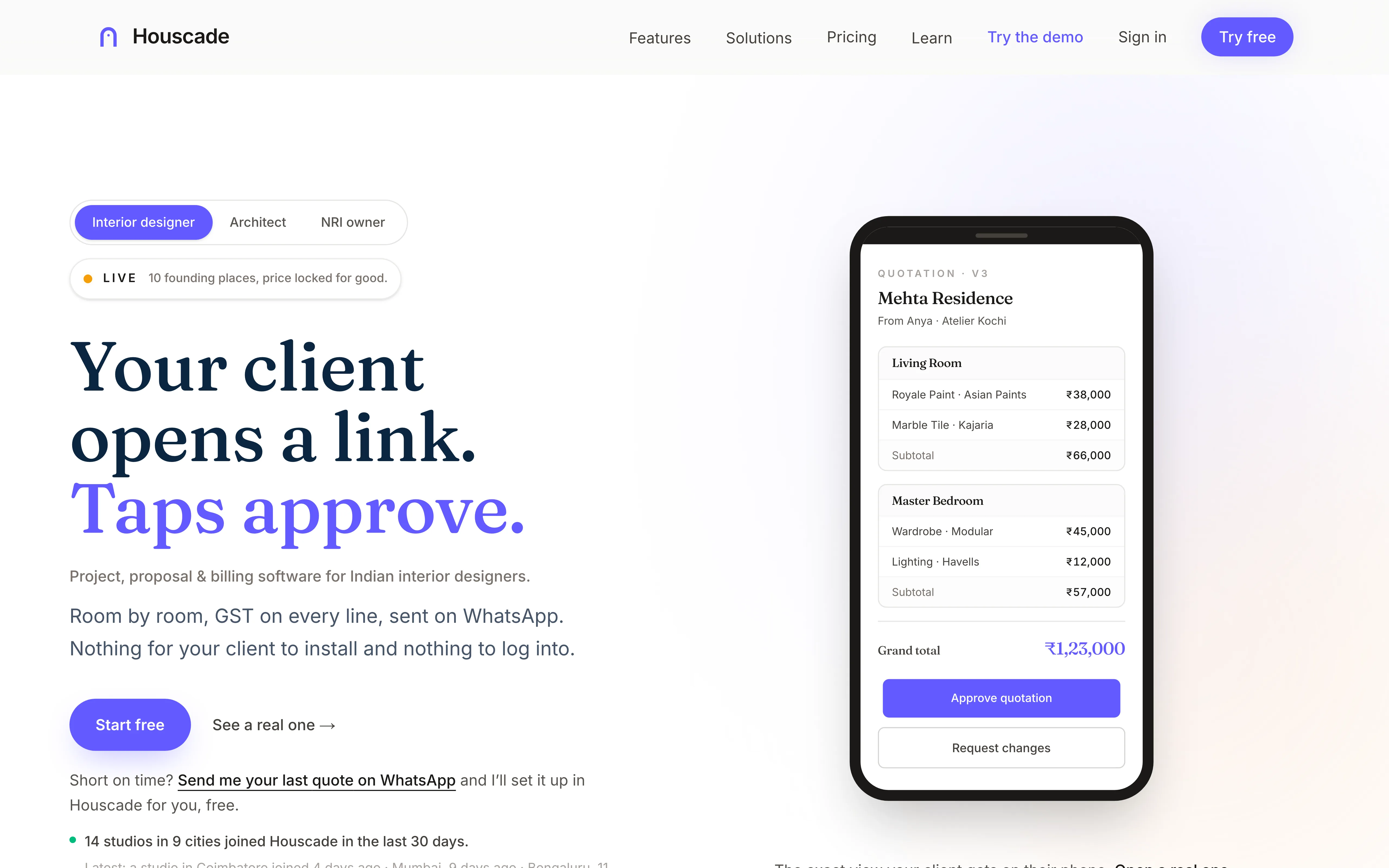 The Houscade homepage: "Your client opens a link. Taps approve." beside a phone showing a room-by-room quotation